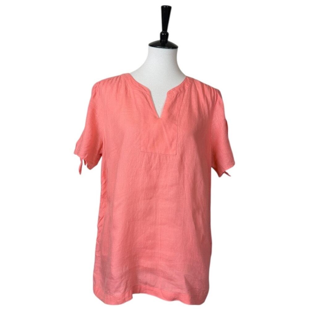 Talbots Coral Linen Short Tie Sleeve Split Neck Tunic Top Women’s Size Large